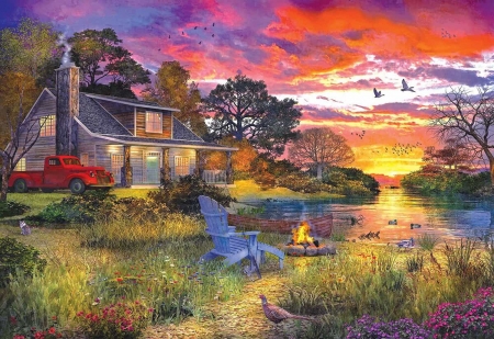 Evening Cabin - artwork, river, digital, car, clouds, colors, sky, sunset