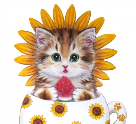 :) - white, pisici, yellow, kayoni harai, cat, sunflower, kitten, watermelon, summer, red