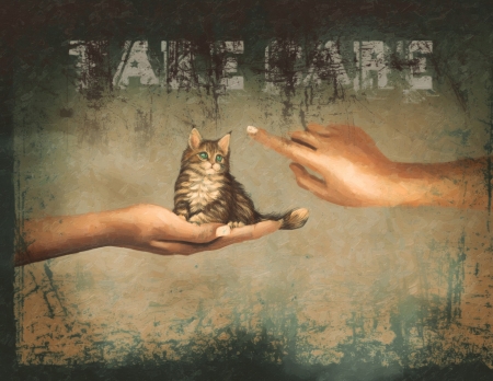 :) - kitten, hand, sergey vereschagin, cute, pisici, art, cat