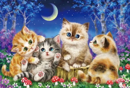 :) - moon, kayoni harai, night, cat, kitten, garden, cute, pisici, art, luna