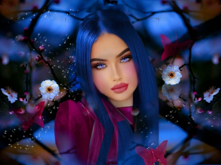 Angelicly Radiant Royal Blue 1 - vibrant, royal blue, vivid, girl, deep wine, hair, black, colorful, white, shirt, bright, bold