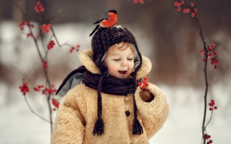 Girl and Redbreast - redbreast, girl, bird, child