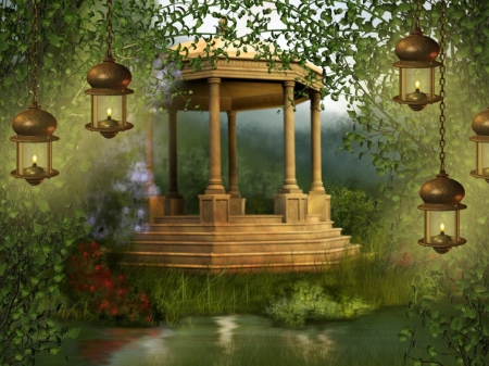 ✼Csodlatos pavilon✼ - kerti, fenyek, pavilon, viragok