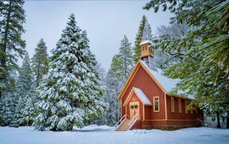 Yosemite valley chapel in winter - beautiful, chapel, forest, national park, serenity, snow, trees, winter, yosemite