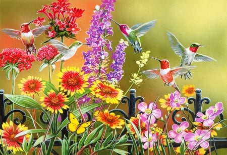 Hummingbirds at the Gate - flowers, blossoms, birds, painting