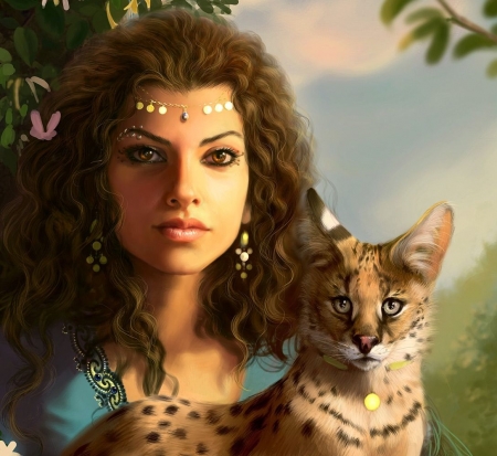 Princess with wild cat - pisici, art, fantasy, cat, girl, wild, princess, woman, jewel