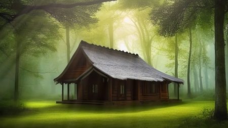 Wooden house in the middle of the forest - kunyho, fahaz, fak, erdo, napfeny, zoldfu, erdeifahaz