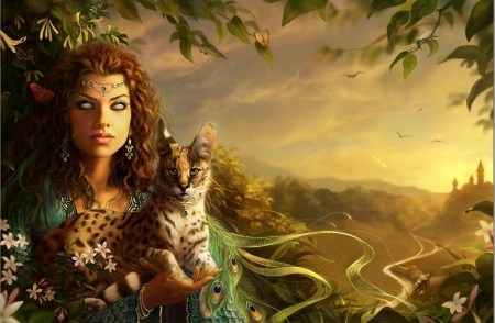 Fantasy girl - superb, frumusete, fantasy, pisici, gorgeous, peacock feathers, cat, wild