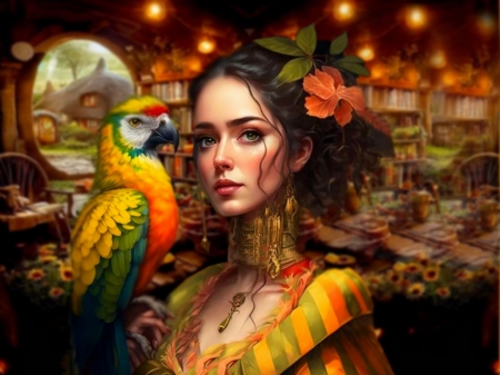 Angelicly Radiant Fantasy Multi Colors 1 - colorful, vibrant, window, bird, girl, orange, dress, vivid, multi colors, fantasy, green, yellow, bright, bold