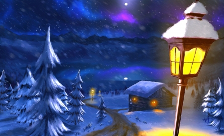 Lights Guide Us Home - art, beautiful, countryside, evening, home, house, lantern, light, painting, peaceful, sky, snow, village, winter