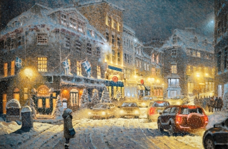 Winter evening - art, beautiful, cold, evening, lights, painting, snow, snowfall, snowflakes, street, town