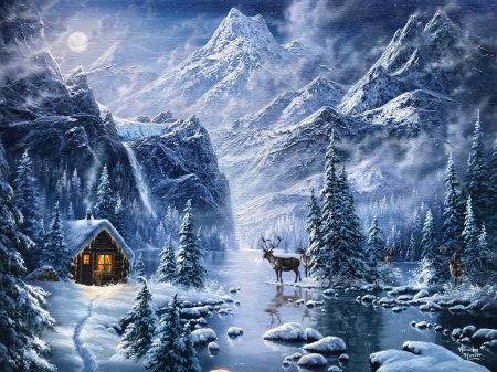 Winter paradise - art, house, paradise, landscape, cold, serenity, mountain, painting, deer, snow, wonderland, evening, countryside, pond, winter, night, moon, frost, cottage