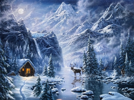 Winter paradise - wonderland, evening, snow, landscape, night, mountain, countryside, frost, paradise, art, cottage, moon, house, winter, pond, deer, painting, serenity, cold