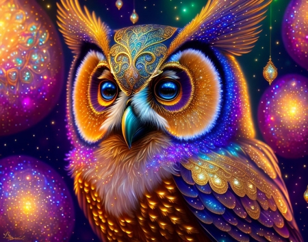 Owl - bird, blue, bufnita, orange, superb, owl, frumusete, pasari, fantasy, gorgeous, elizabeth fleming, glitter, art