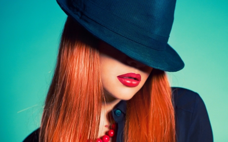 :) - blue, black, model, red, girl, redhead, hat, woman