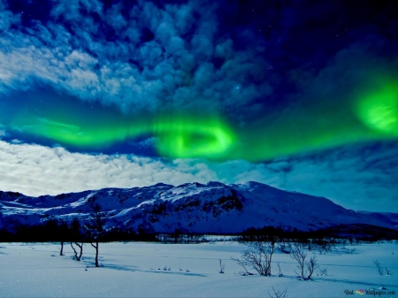 Aurora Borealis Above the snowy mountains - aurora borealis, egbolt, felho, havas, hegy, ho, tajkep, teli