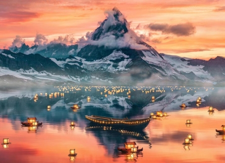 Mountain reflection on the lake - tukrozodes, tavak, tajkep, lampasok, muveszet, csonakok, hegyek, hajok, tavon
