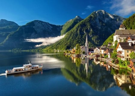 A wonderful village by the sea - vakacio, Alpesi, dombok, Ausztria, nyar, hajo, hazak, hegyek, falu, Hallstatt, termeszet, szep, taj, tavak, tenger, templom