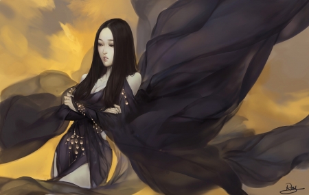 Fantasy girl - black, asian, art, yellow, fantasy
