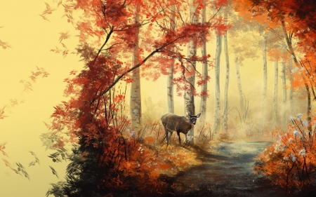 Deer - pictura, deer, yellow, forest, toamna, orange, caprioara, art, utumn, painting