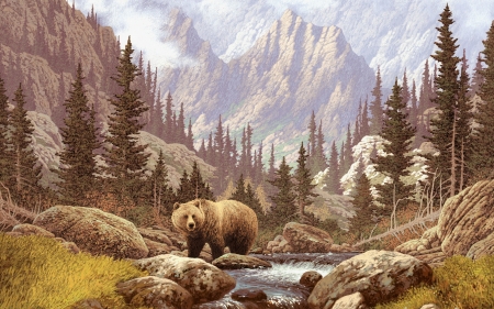 Bear - animal, brown, painting, bear, art, pictura, mountain