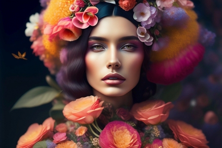 Beautiful female face - lany, szemek, szepseg, szines, viragok