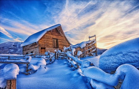 The Barn at Sunrise, Steamboat Springs, Colorado - beautiful, cabin, colorado, frost, sky, snow, sunrise, winter
