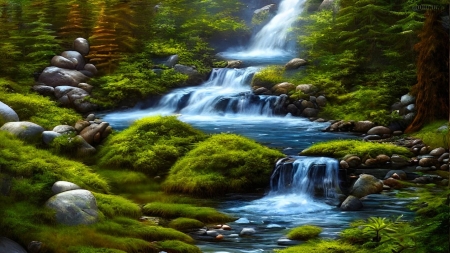 Waterfall in the forest - erdo, fak, kovek, moha, patak, tajkep, termeszet, zold