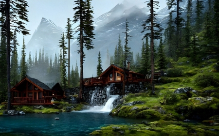 Wooden houses in the forest - erdo, fahaz, fenyo, folyam, folyo, hegyek, moha, patak, zold