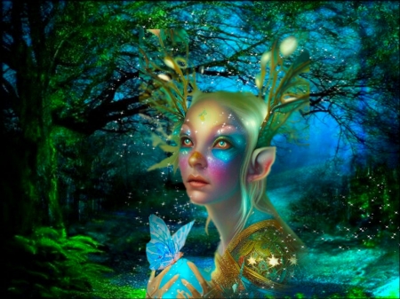 Angelicly Radiant Tree Fairy 1 - vibrant, trees, branches, yellow, vivid, blue, girl, sparkles, leaves, black, colorful, green, bright, butterfly, fairy, bold