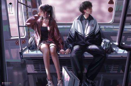 Subway - subway, wlop, girl, pink, boy, fantasy, valentine, couple, art, lovers