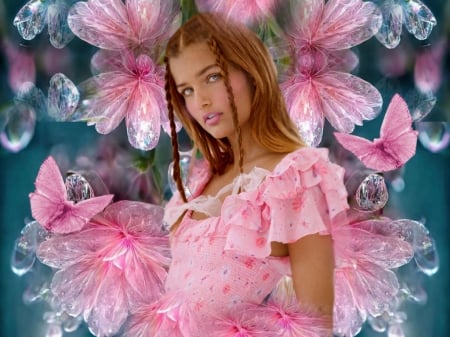 Angelicly Radiant Pink 1 - vibrant, vivid, blue, butterflies, crystals, dress, girl, pink, colorful, flowers, bright, bold