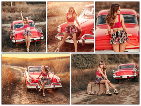 Beautiful and Red - model, collage, red, cars, girl