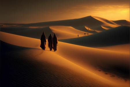 Sunset desert - Silhouette, Desert, Walking, People