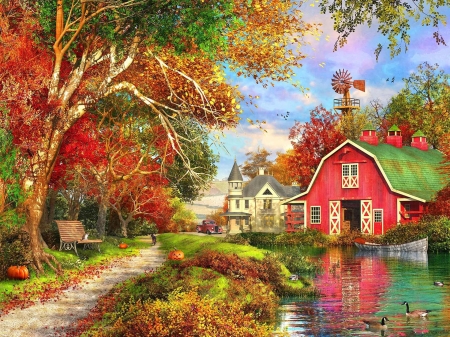 Autumn Barn - artwork, digital, house, pond, trees