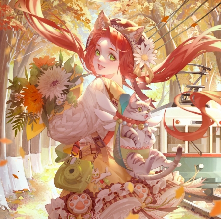 Cat girl - pisici, fantasy, lightwingacademy, ears, redhead, cat, girl, lightwing academy, flower