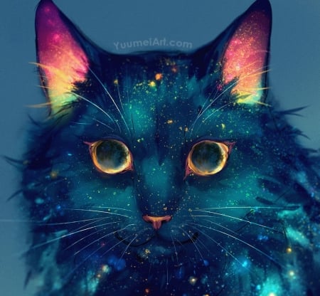 Moon phase eyes - moon, blue, yuumei, cat, fantasy, eclipse, wenqing yan, pisici, art, luna, luminos