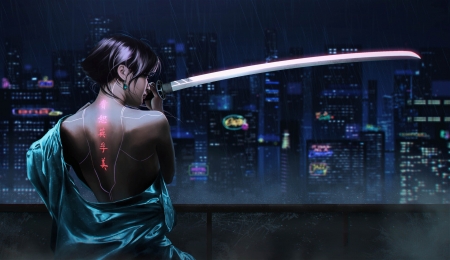 Night city - tattoo, night city, paulina bochniak, katana, swird, blue, frumusete, asian, art, fantasy, samurai