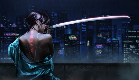 Night city - tattoo, paulina bochniak, blue, swird, samurai, frumusete, fantasy, katana, art, asian, night city