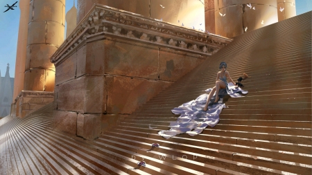 :) - ghostblades, wlop, girl, cat, elf, fantasy, stairs, kitten, pisici, princess