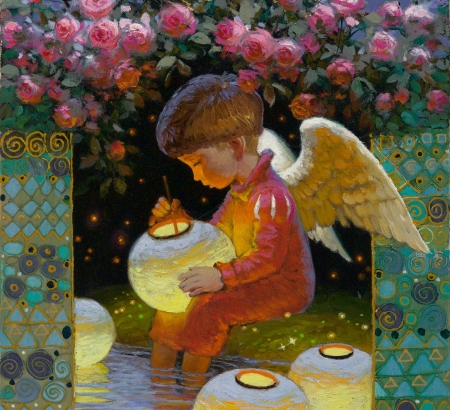 Angel with lantern - angel, copil, child, wings, art, garden, boy, fantasy, painting, flower, pictura, victor nizovtsev, lantern