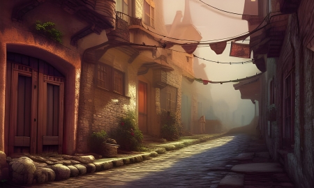 Picturesque Village - falu, festoi, reggel, utca, varos