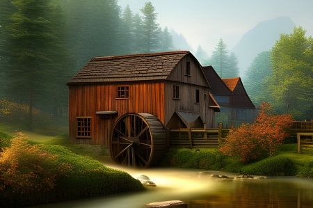 A water mill in the forest - erdo, fak, regi, tajkep, termeszet, vizimalom