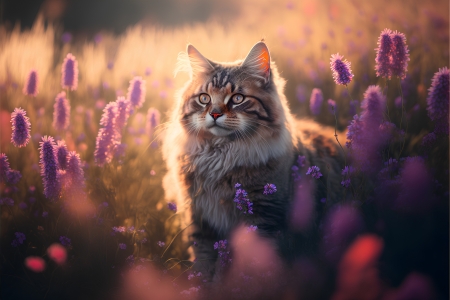 Siberian cat - Fluffy, Field, Flowers, Meadow