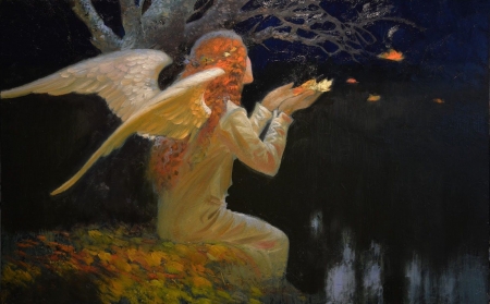 Autumn angel - victor nizovtsev, leaf, angel, autumb, wings, golden, art, fantasy, autumn, redhead, toamna