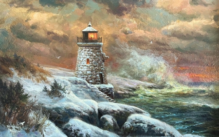 Enduring Light - artwork, clouds, lighthouse, painting, rocks, sea, sky, stormy