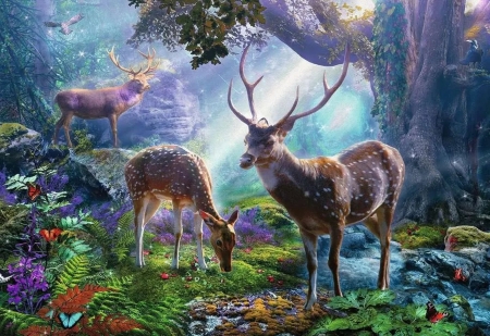 Gorgeous Deer In The Wild - artwork, forest, painting, sunrays, trees