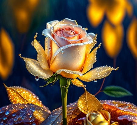 Golden rose - golden, rose, axel bergner, art, yellow, trandafir, dew, water, drops
