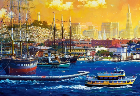 The Port of San Francisco - artwork, buildings, city, painting, ships