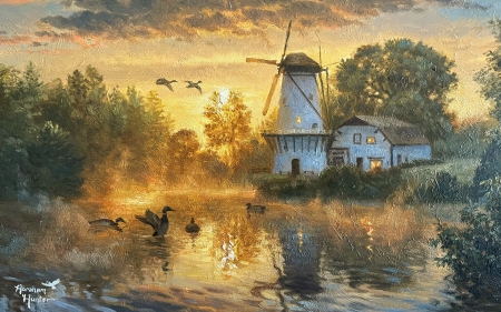 Zorn Windmill - artwork, clouds, ducks, mill, painting, river, sky, trees, water